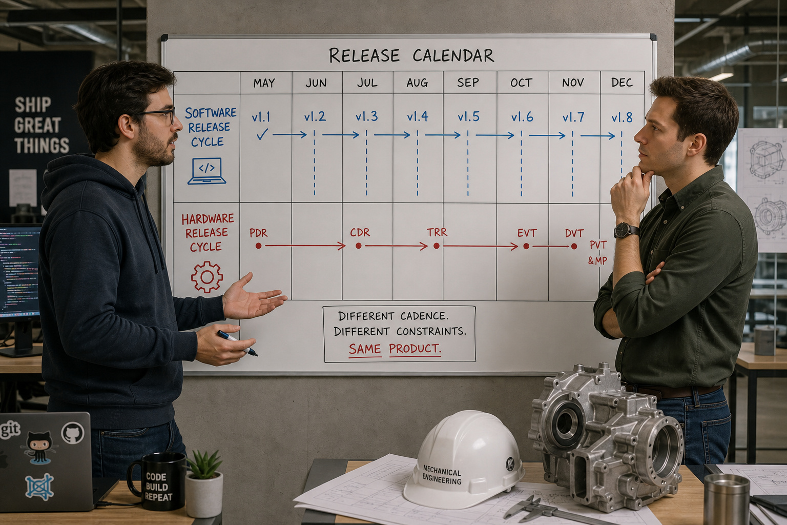 Two engineers discussing a release calendar on a whiteboard in a tech workspace, with hardware components and a helmet on the table.
