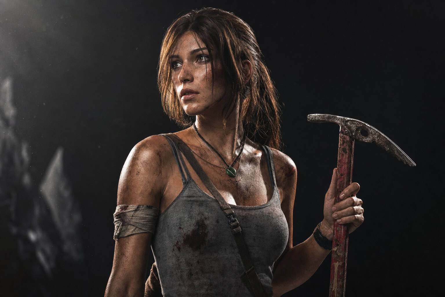 Hot Lara Croft Cosplay: 69+ Photos & DIY Build Guide 64 Female survivor holding a pickaxe in a post-apocalyptic setting, wearing dirty clothes and looking determined.