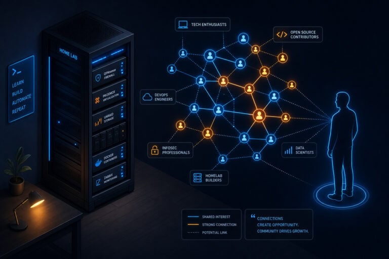 Illustration of a data science network with interconnected roles including DevOps engineers, data scientists, open source contributors, infosec professionals, and home lab enthusiasts, highlighting co.