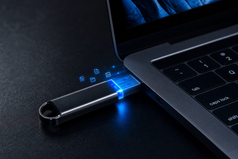 Close-up of a USB flash drive connected to a laptop with digital data icons floating above, symbolizing data transfer and storage.