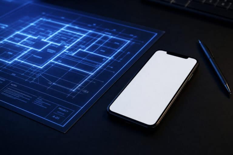 High-tech blueprint with digital interface on a tablet, smartphone, and pen on a dark desk, representing innovation and technology.