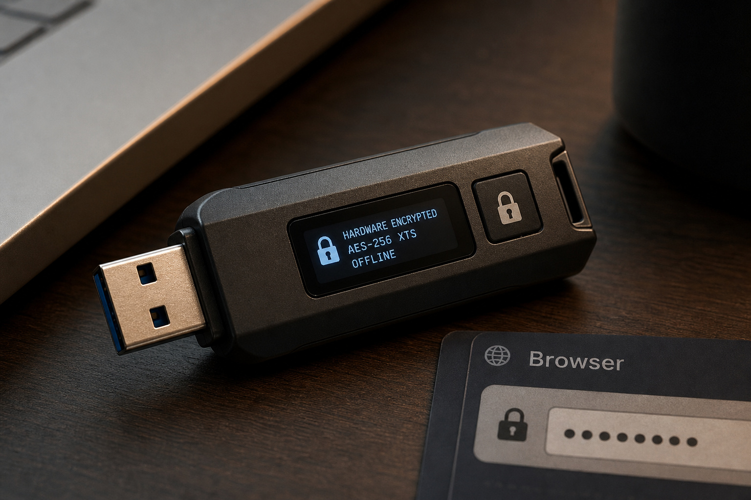 Encrypted USB security key with AES-256 encryption for safe offline data storage.