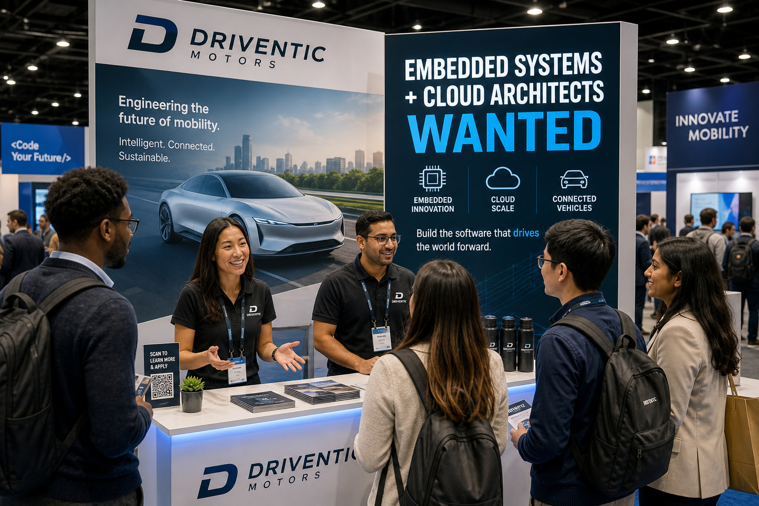 Driventic Motors booth showcasing embedded systems and cloud architecture solutions for connected vehicles at a tech conference.