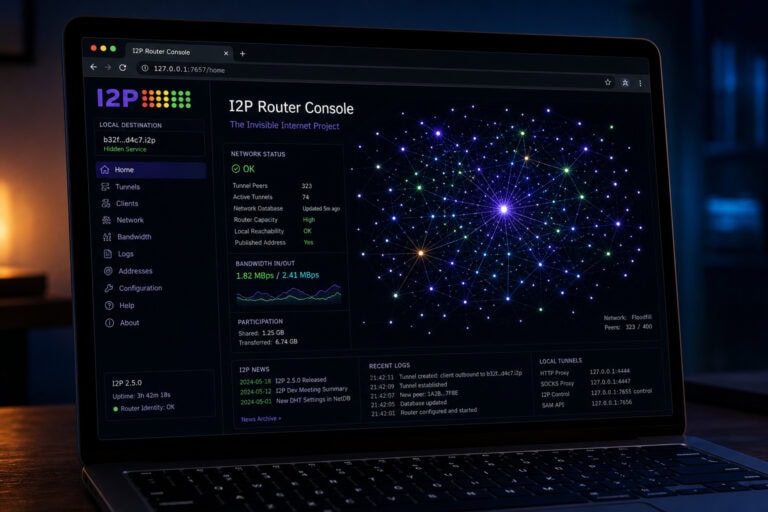 Screenshot of I2P Router Console showing network status, bandwidth, and logs on a dark-themed interface.