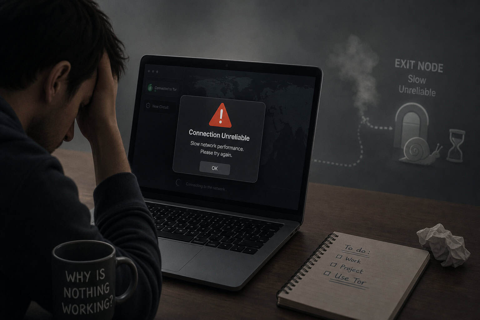 I2P outproxy limitation depicted with a warning icon over a laptop, highlighting no reliable clearnet browsing.