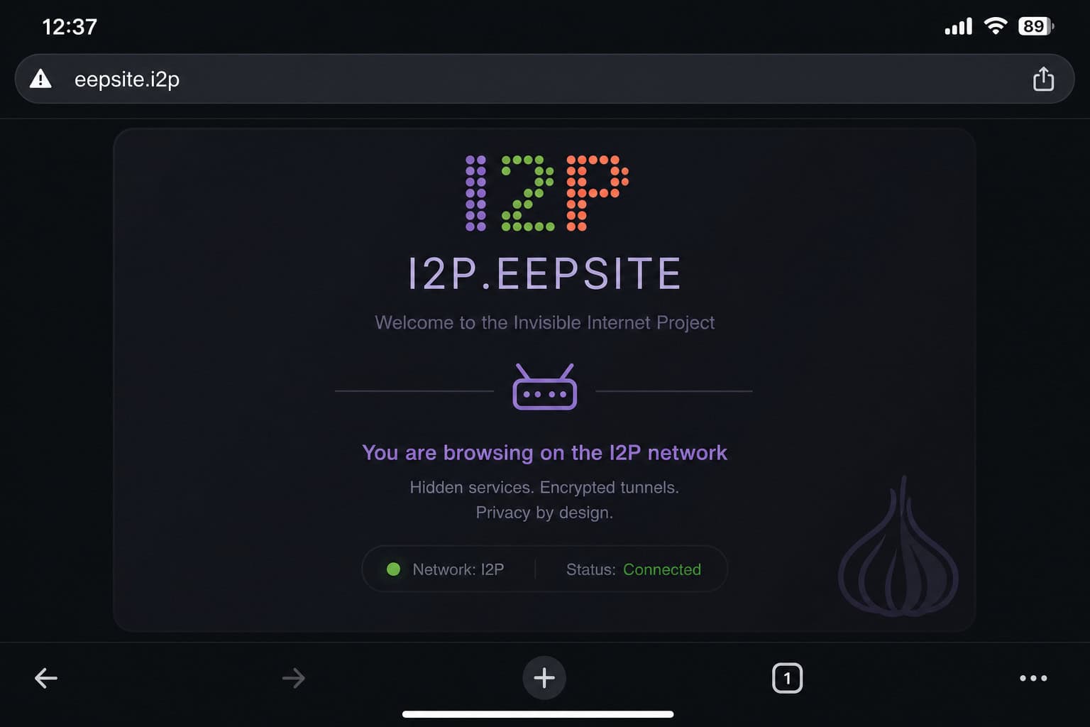 Android browser displaying an I2P eepsite with .i2p domain and internal network indicator.