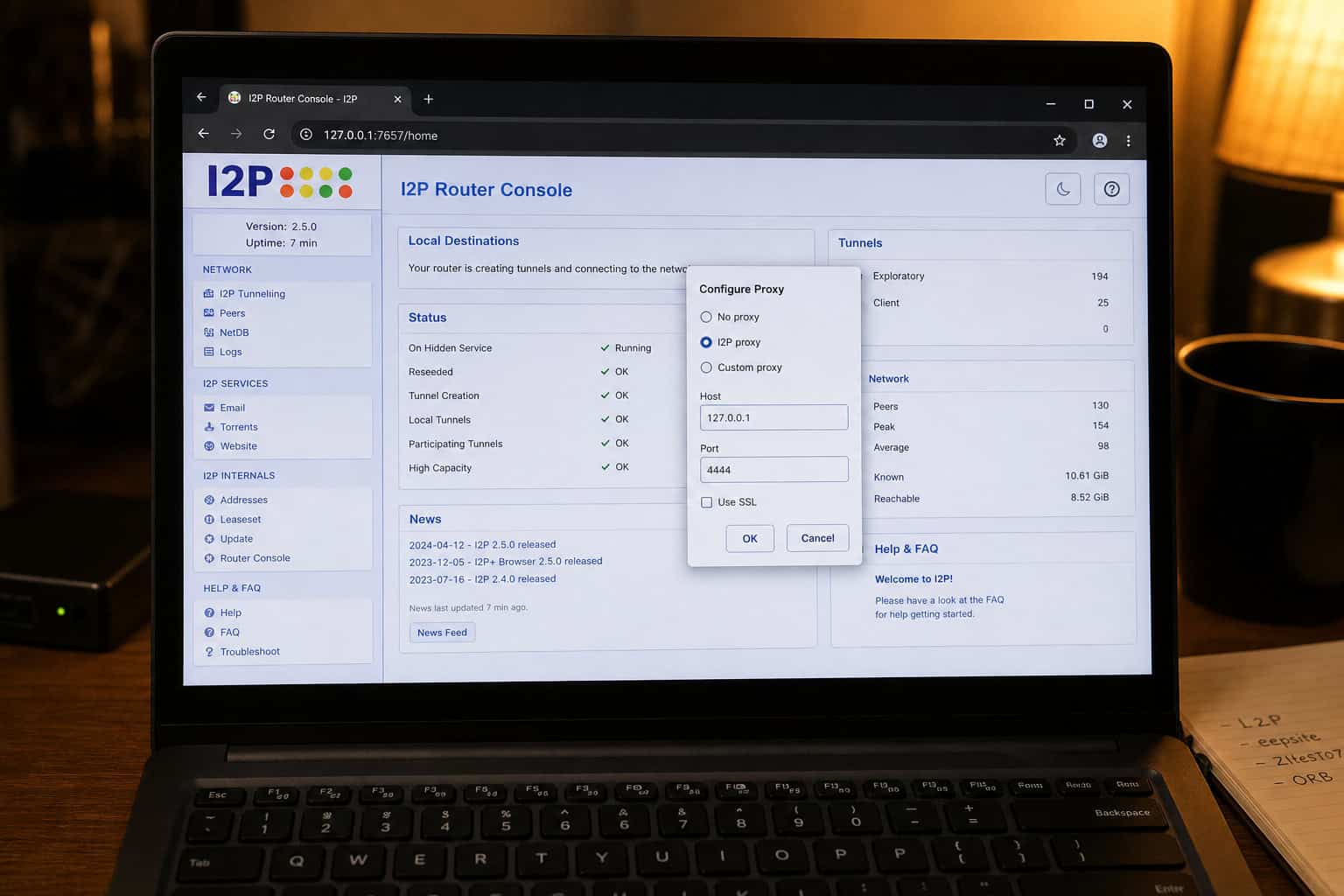 I2P router console setup on laptop with proxy configuration and browser settings