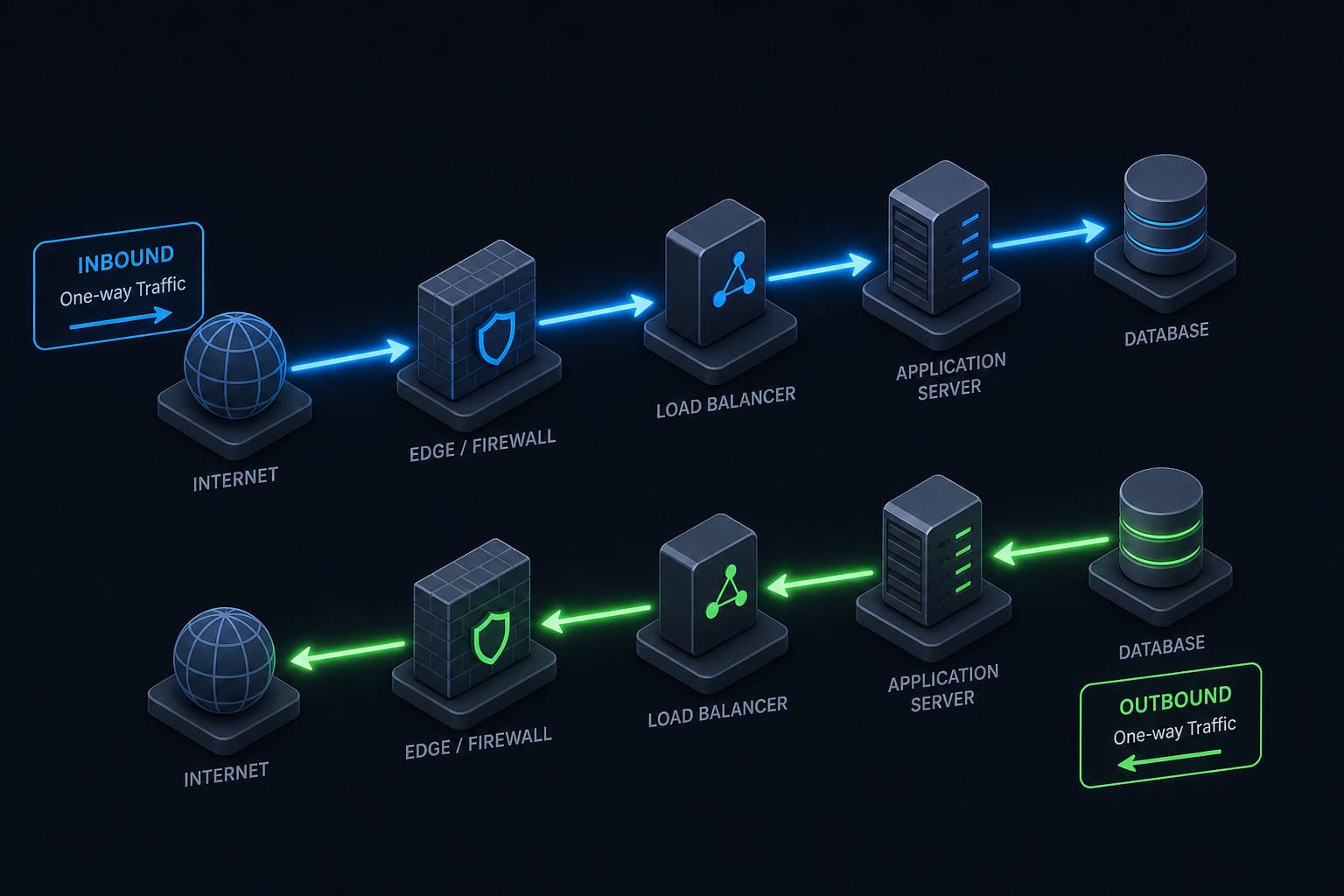 Diagram of I2P's unidirectional inbound and outbound tunnels through separate nodes.