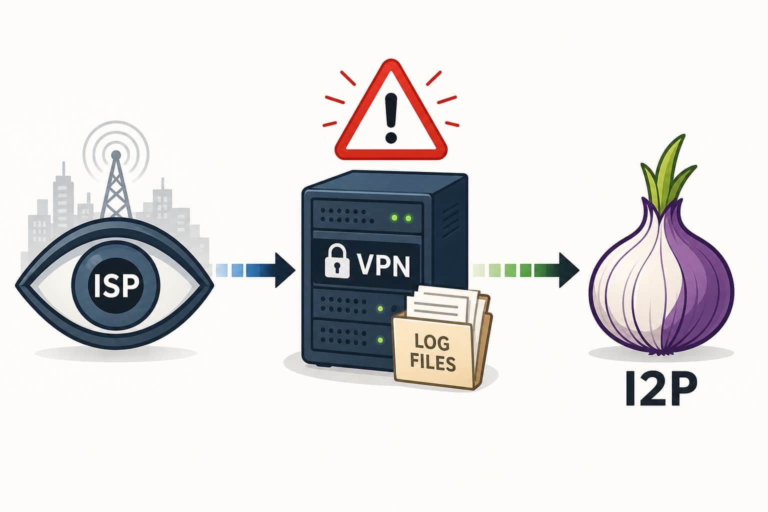 I2P and VPN combination diagram showing trust bottleneck at VPN provider