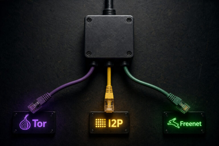 Image showing a network device connected to Tor, I2P, and Freen networks with illuminated logos and cables for secure online privacy.