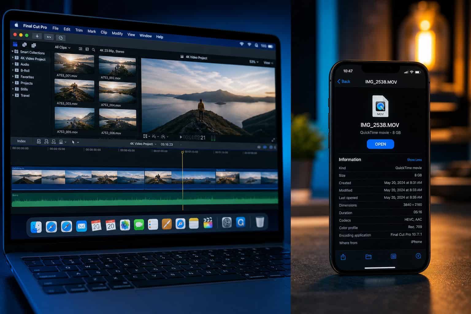 Send Large Files from iPhone: 7 Apps That Beat AirDrop for 4K Video 5 MacBook with 4K video editing timeline and iPhone showing an 8GB video file exceeding iCloud's limit.