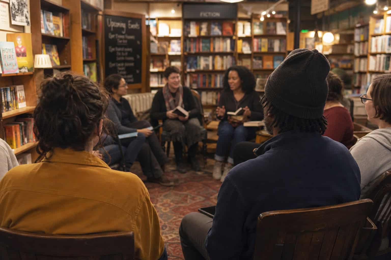 How To Make Friends As A Geek: Why Sandboxes Beat Social Mixers 4 Group of diverse people participating in a book club discussion in a warm, inviting library with bookshelves and a chalkboard in the background.