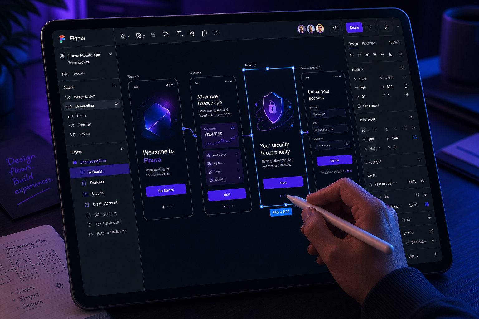 How to Start an App Development Business: 11-Step Risk-Mitigation Blueprint 8 Close-up of a person using a stylus on a tablet displaying a digital security app with flowcharts and security features.