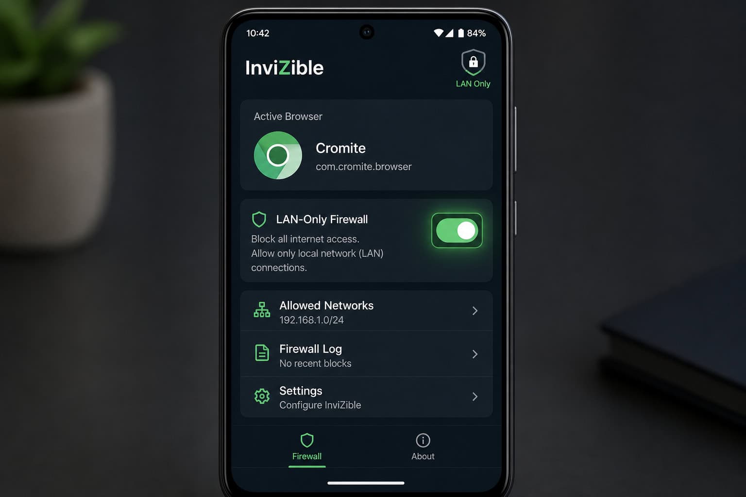 Android phone showing InviZible app with Cromite browser and LAN-only firewall setting.