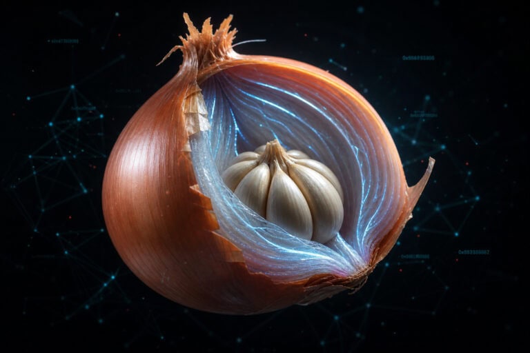 Close-up of a partially peeled onion with glowing blue digital lines and a garlic bulb inside, set against a dark, network-themed background.