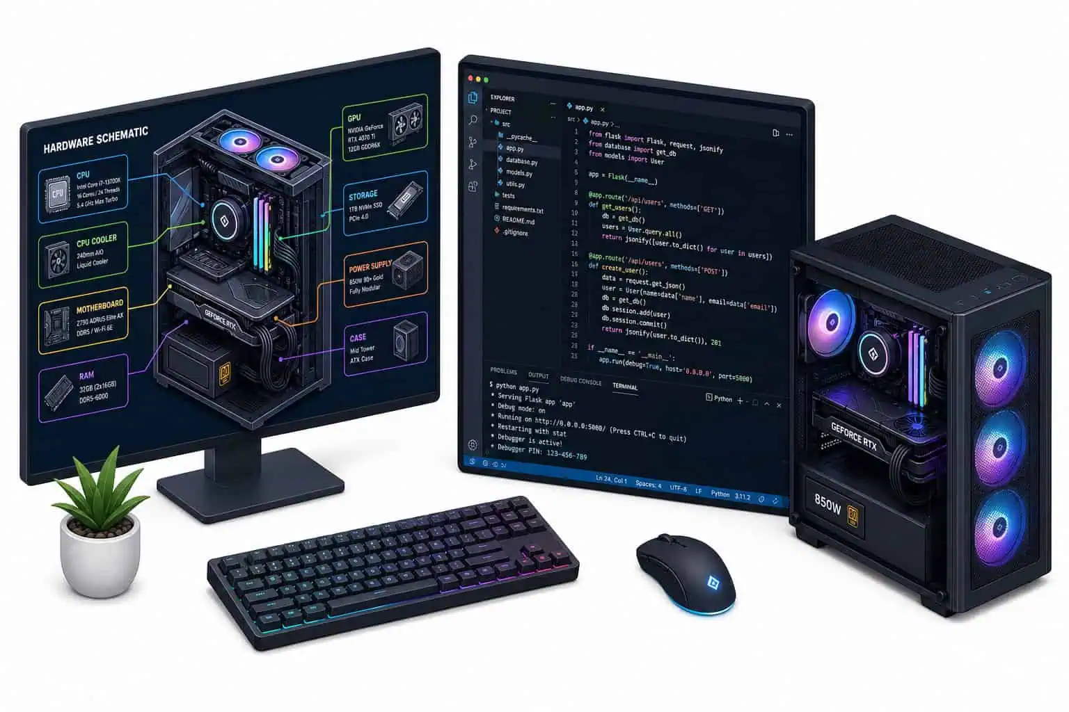 Modern gaming PC with RGB fans, dual monitors displaying coding and hardware schematics, mechanical keyboard, gaming mouse, and a small potted plant on a clean desk.