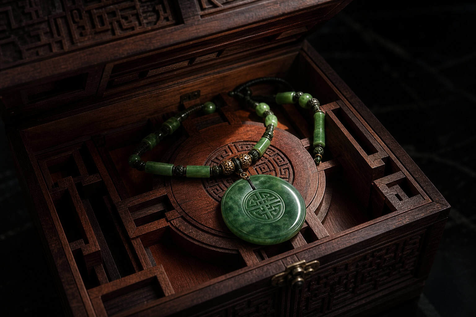 Hot Lara Croft Cosplay: 69+ Photos & DIY Build Guide 69 Close-up of a green jade pendant necklace with beads, resting inside a carved wooden box with traditional Asian patterns.