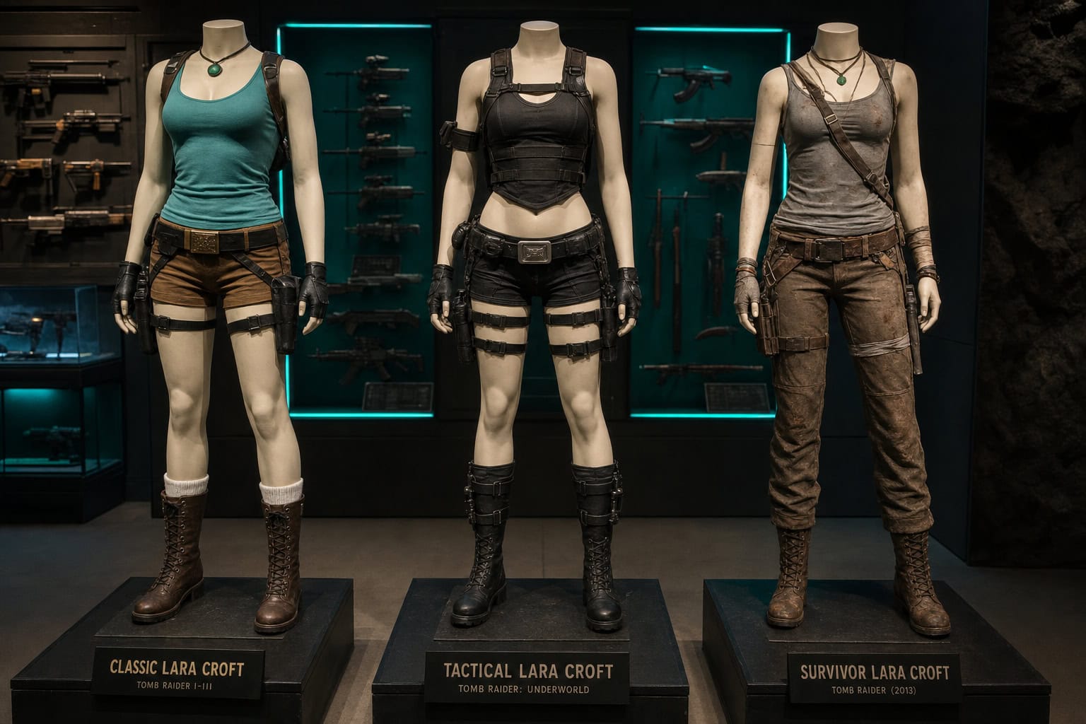 Hot Lara Croft Cosplay: 69+ Photos & DIY Build Guide 63 Three Lara Croft cosplay eras displayed on mannequins in a dark armory setting.