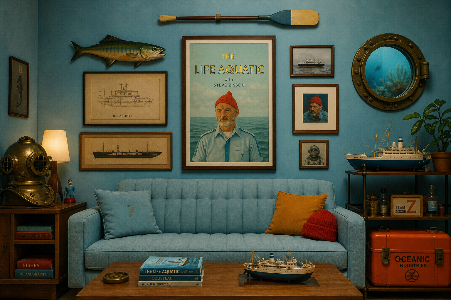 Living room wall decorated with Life Aquatic with Steve Zissou memorabilia and blue tones