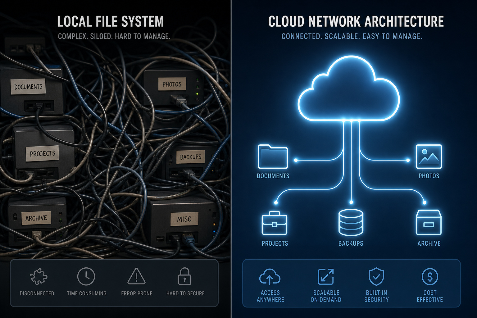 An illustration of local file system management and cloud network architecture, showcasing interconnected data storage devices and cloud-based data access, emphasizing scalability, security, and effic.