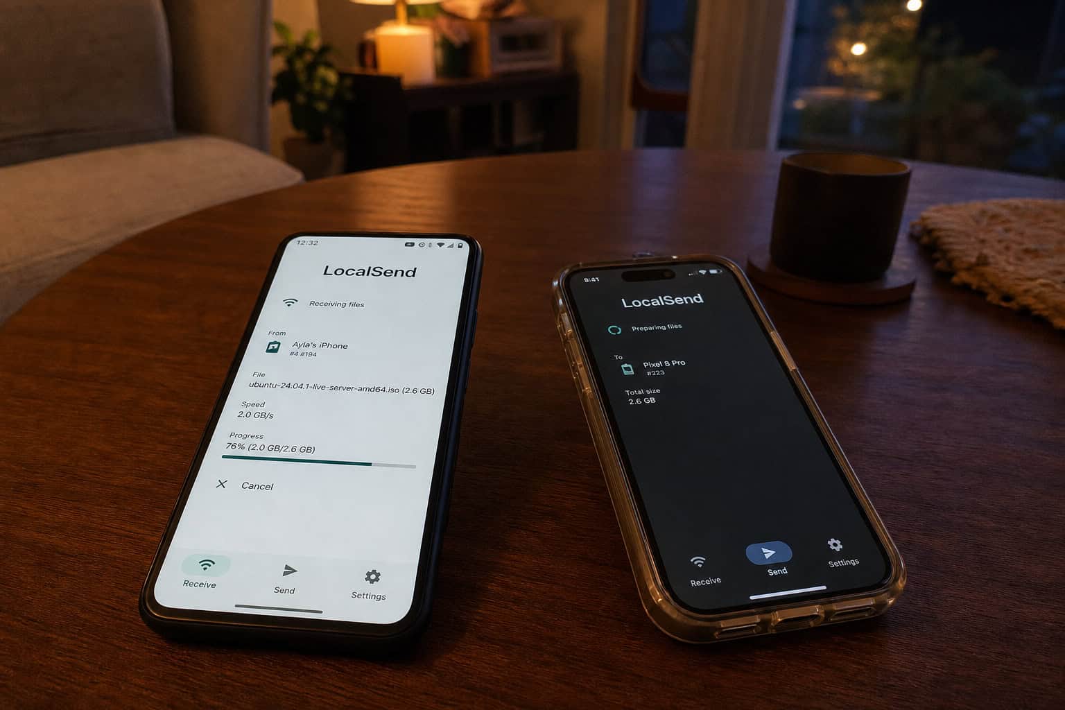 Send Large Files from iPhone: 7 Apps That Beat AirDrop for 4K Video 4 Two smartphones with LocalSend app open showing a file transfer speed of 2GB per second.