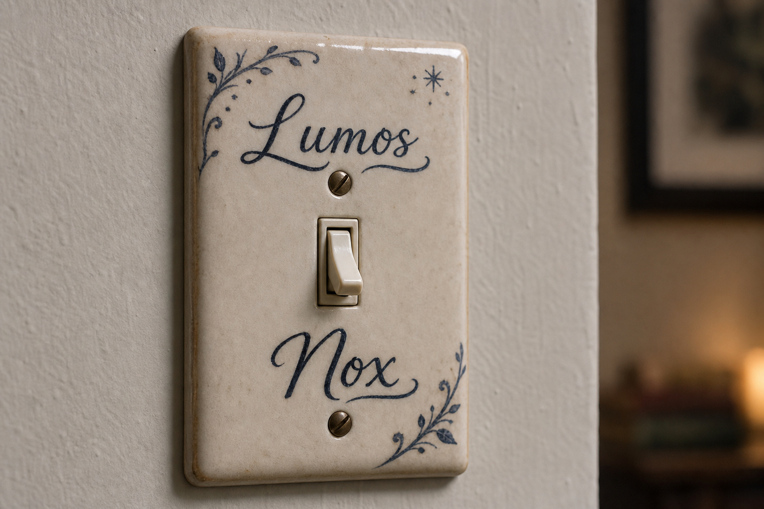 Decorative light switch cover with handwritten 'Lumos Nox' and floral designs, adding a whimsical touch to a home interior.