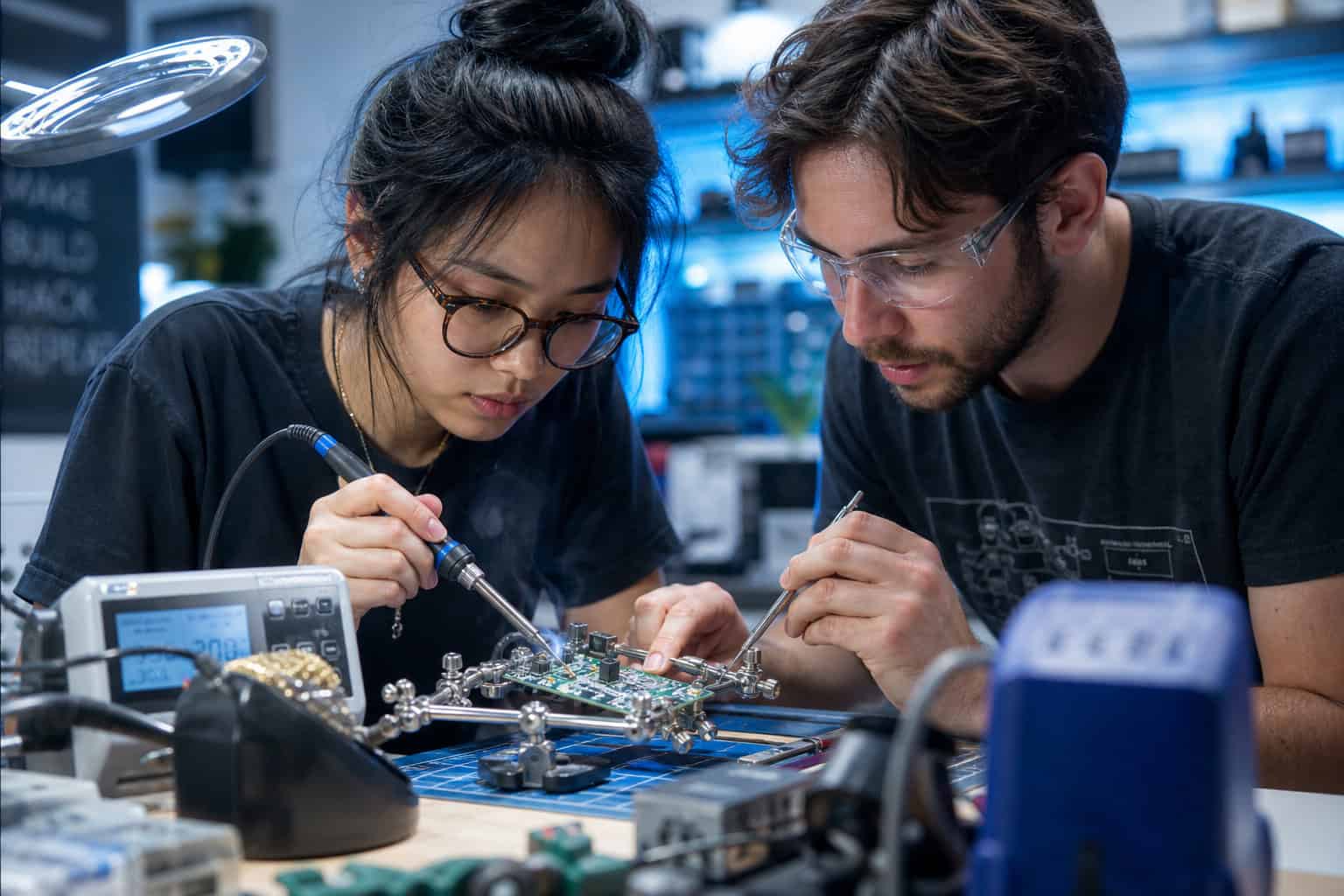 How To Make Friends As A Geek: Why Sandboxes Beat Social Mixers 5 Two engineers working together on assembling electronic components with soldering tools in a high-tech lab environment.