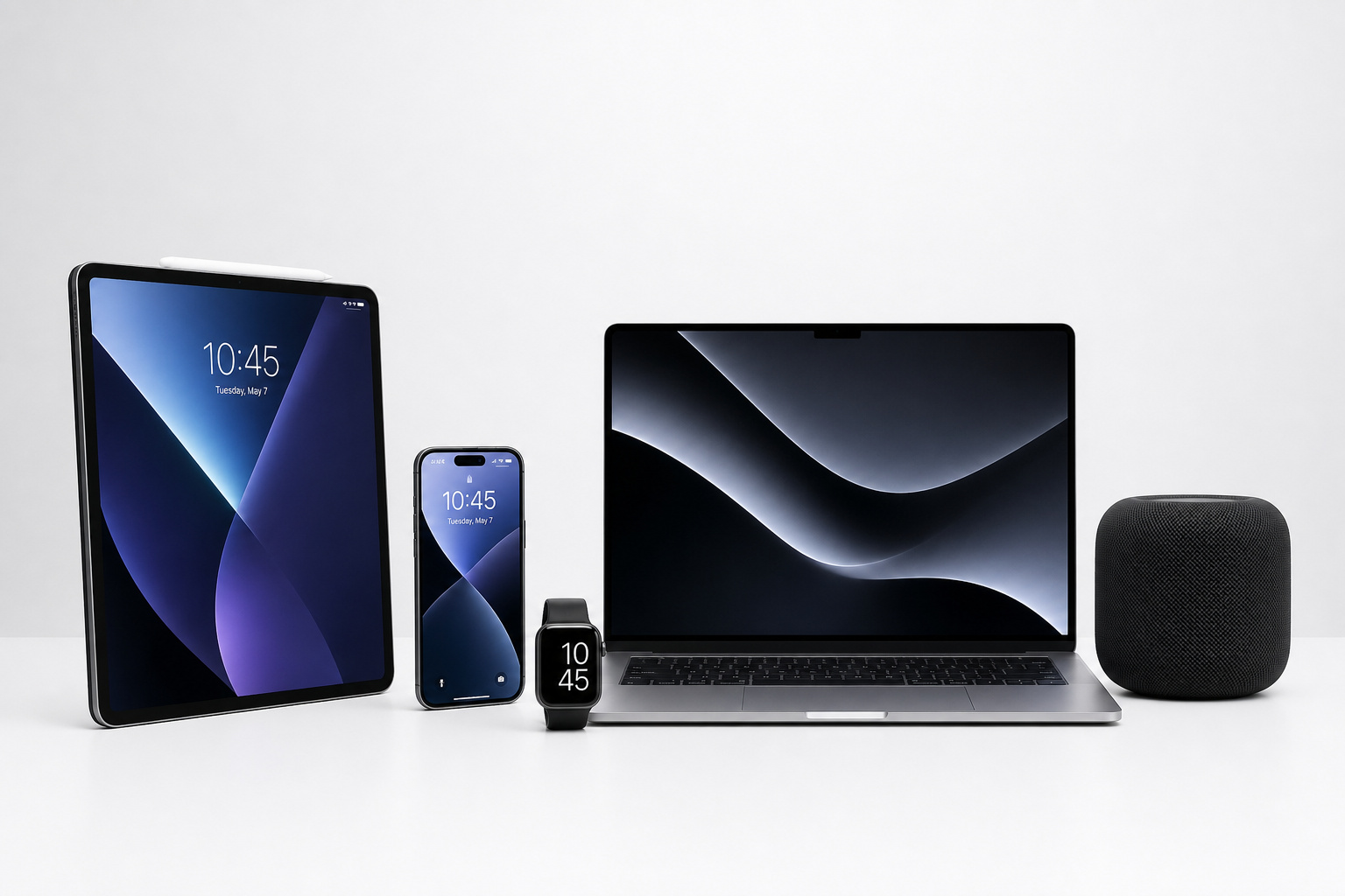 Budgeting for a Major Tech Upgrade: Strategy Over Splurge 9 Modern collection of smart devices including a tablet, smartphone, smartwatch, laptop, and smart speaker, showcasing innovative technology for everyday use.