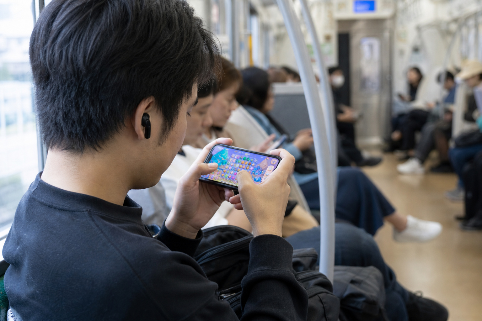 What Is Casual Gaming? From DOS Memory Edits to Candy Crush 6 Young man with black hair using a smartphone to play a colorful game on a subway train, surrounded by other passengers seated and engaged in their activities.