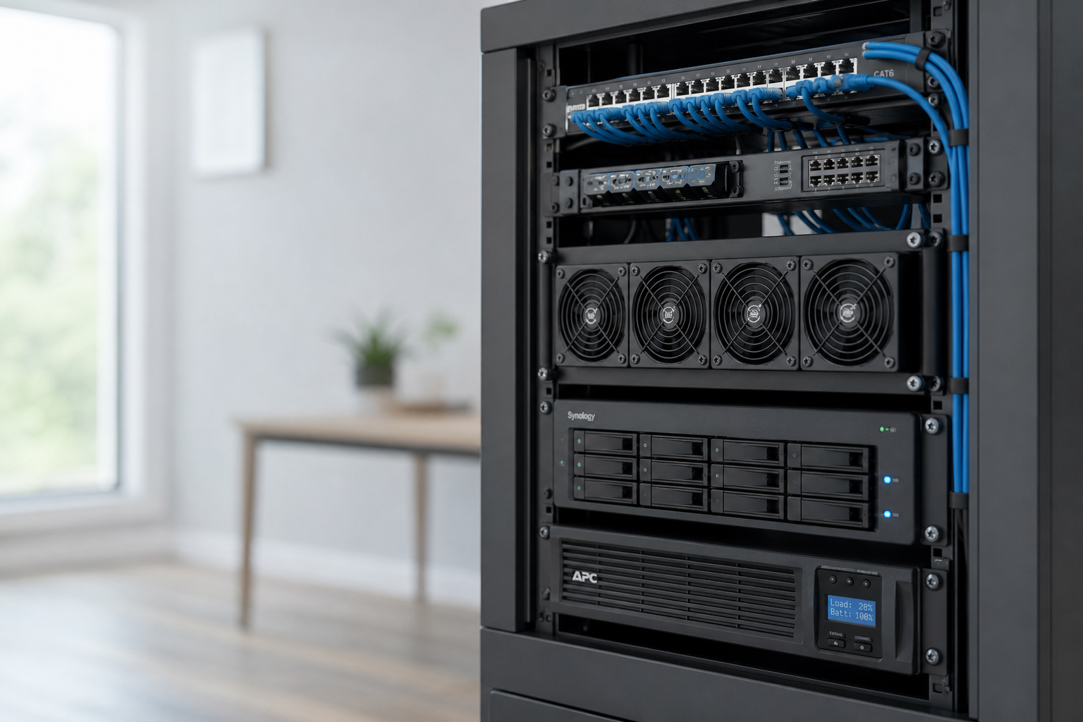 GPU Poor vs. GPU Rich: Why VRAM Is the Only Currency That Matters 7 Professional server rack with networking hardware, cooling fans, and blue Ethernet cables in a data center environment, showcasing IT infrastructure and server management.
