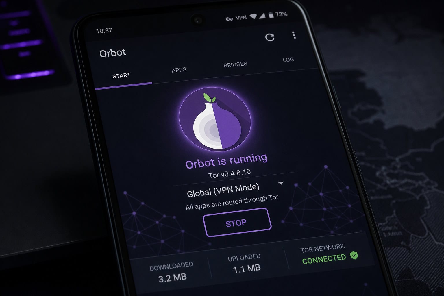Android smartphone displaying Orbot Tor client with VPN Service mode active.
