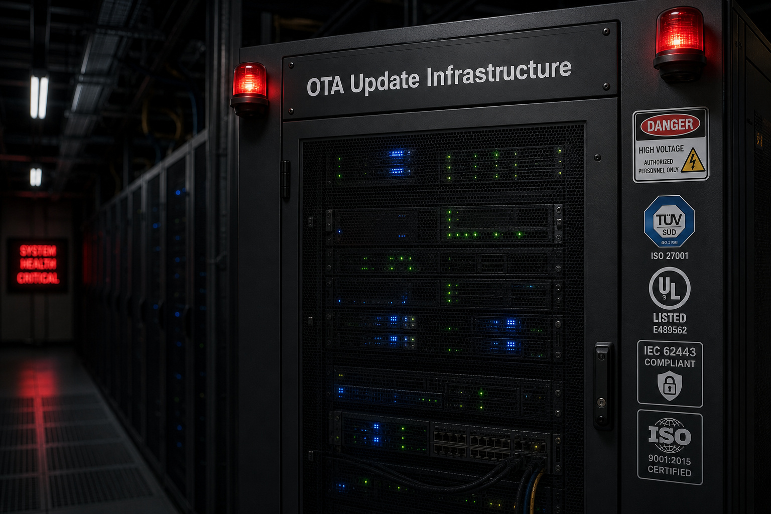 Data center server rack labeled 'OTA Update Infrastructure' with warning lights and certification labels, used for firmware updates and network management.