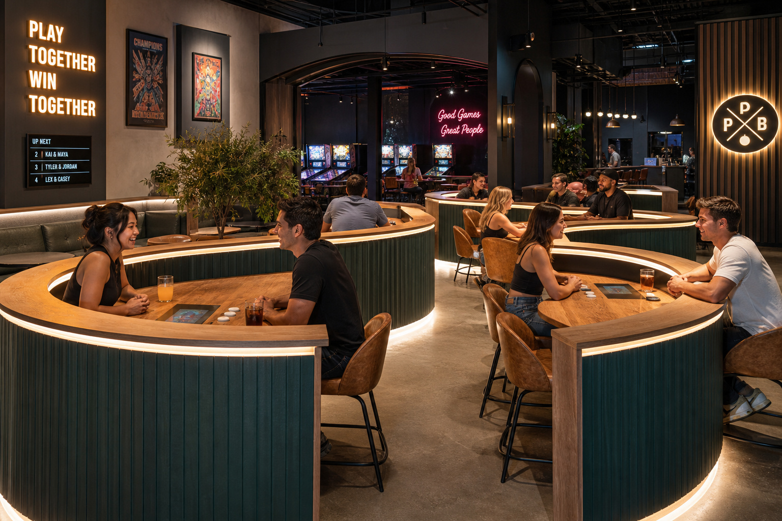 What Is Social Gaming? Reconciling Digital Bonds and Physical Venues 3 People enjoying gaming and socializing in a stylish, modern gaming lounge with ambient lighting and contemporary decor.