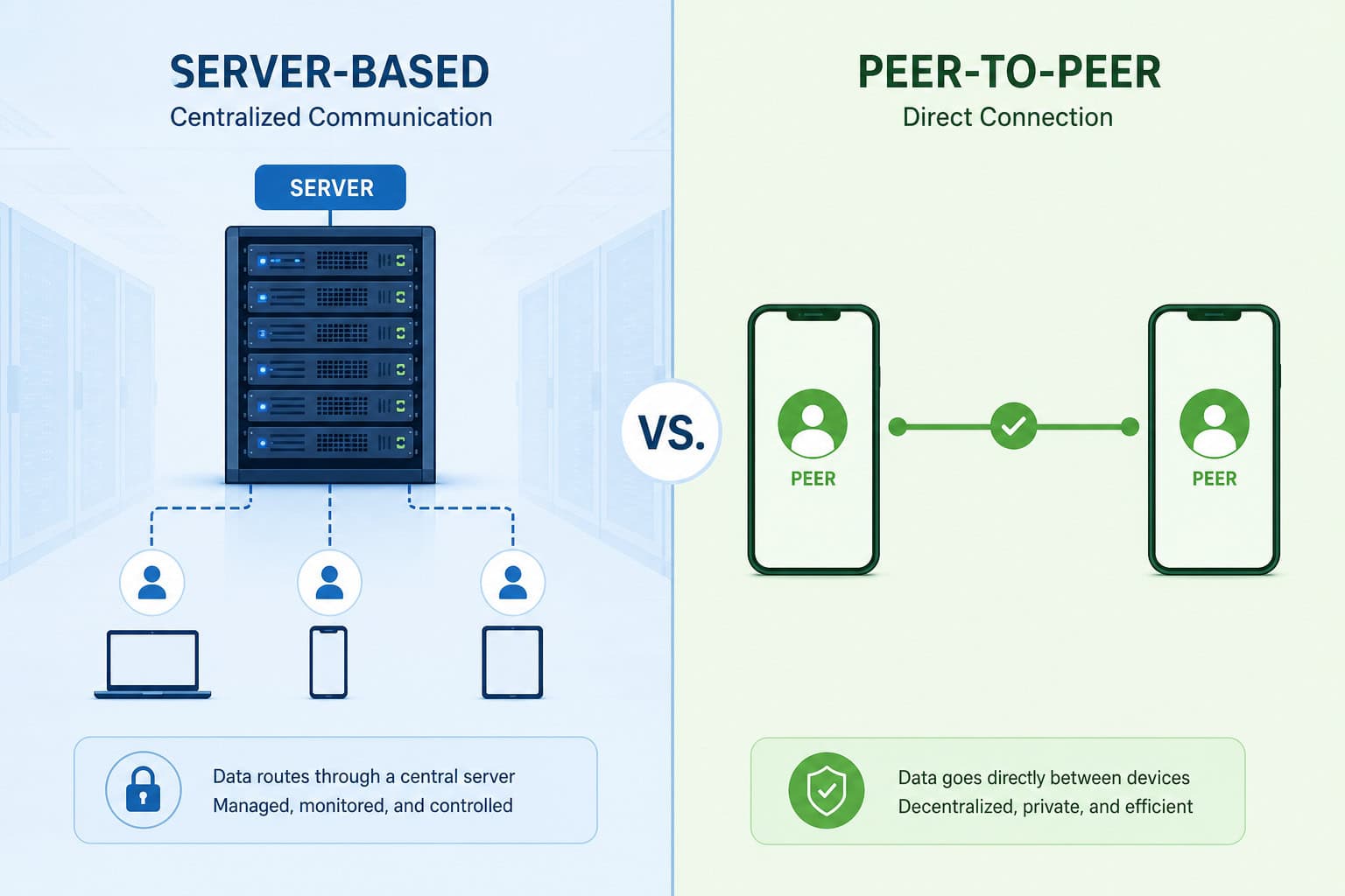 Send Large Files from iPhone: 7 Apps That Beat AirDrop for 4K Video 10 Split illustration comparing cloud server storage with direct peer-to-peer file transfer between two phones.