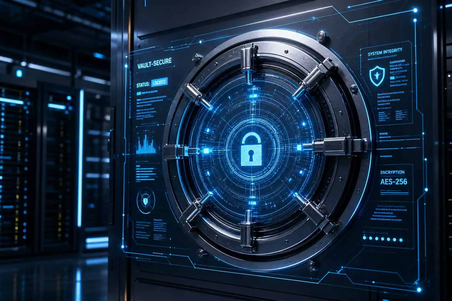High-tech digital vault door with advanced encryption and security interface, showcasing cybersecurity and data protection technology.
