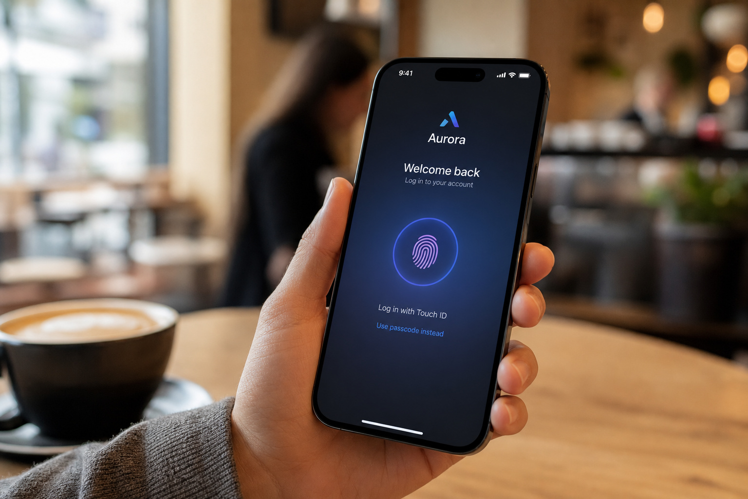 A person holding a smartphone displaying the Aurora app login screen with fingerprint authentication. The background shows a cozy cafe setting with blurred patrons and warm lighting.