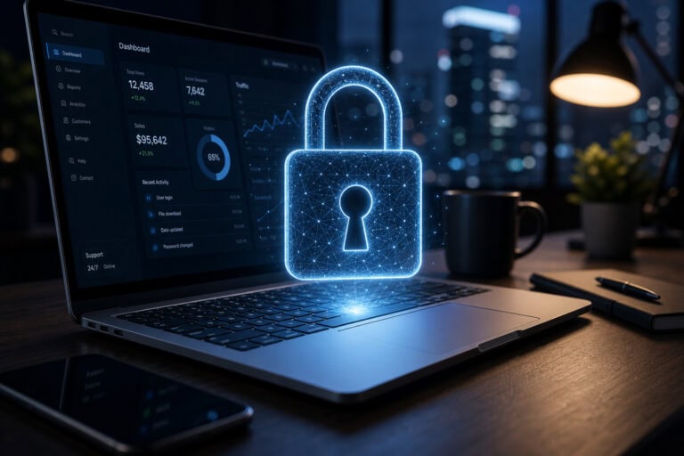 Digital lock icon displayed on a laptop screen representing cybersecurity and data protection in a modern tech environment.