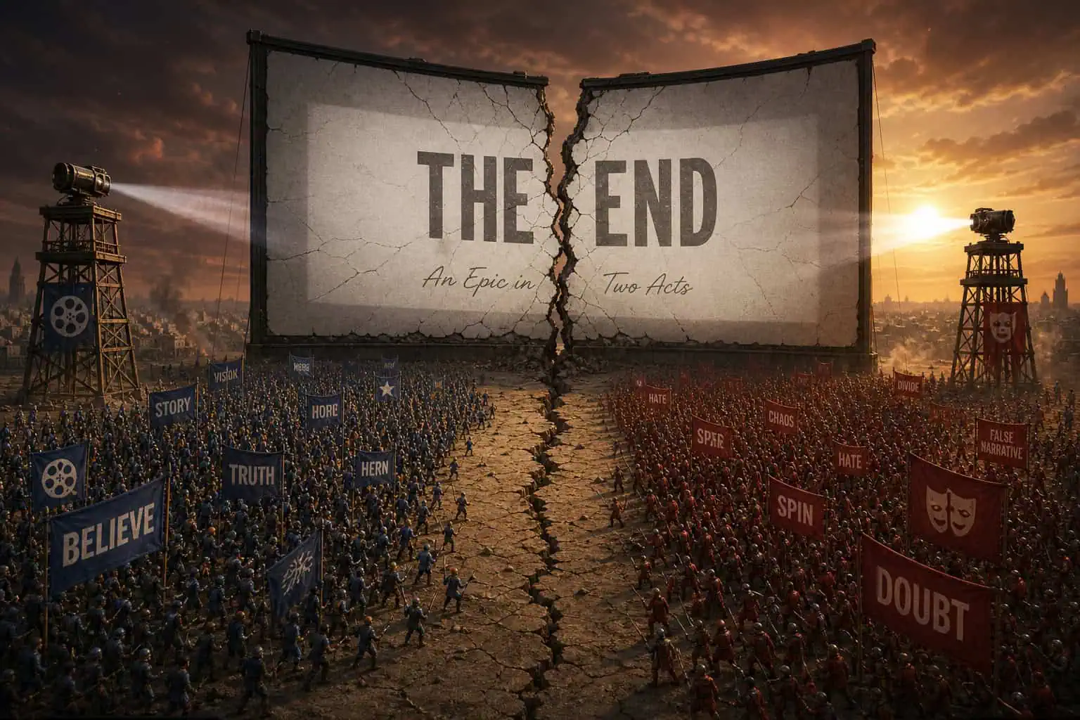 Citizen Vigilante Rating: Why IMDb 6.8 and Rotten Tomatoes 100% vs 44% Don't Add Up 10 Epic showdown between two armies with a cracked book in the center reading 'The End' during sunset.