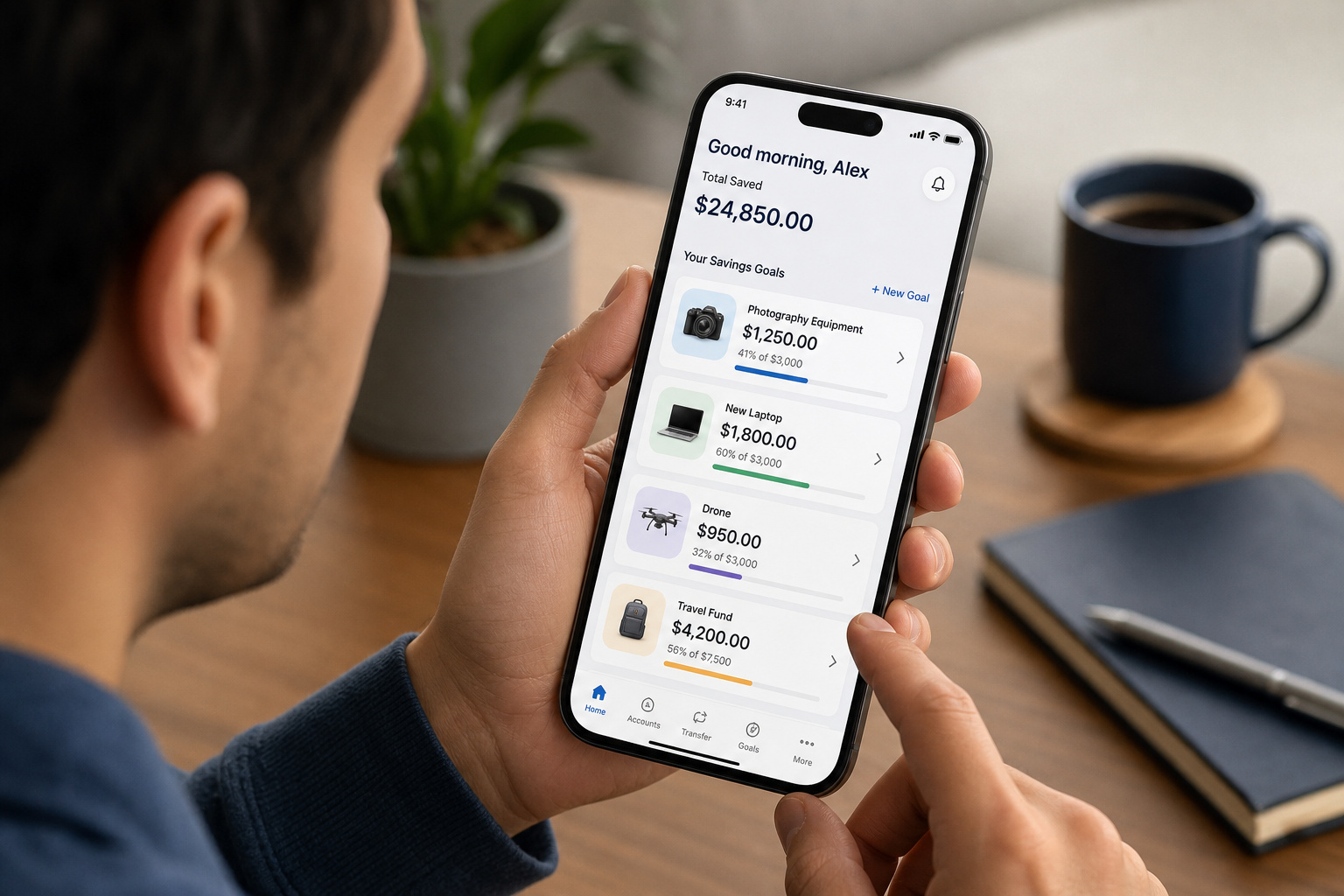 Budgeting for a Major Tech Upgrade: Strategy Over Splurge 5 Person holding smartphone showing financial management app with account balances and savings goals, in a modern workspace setting.