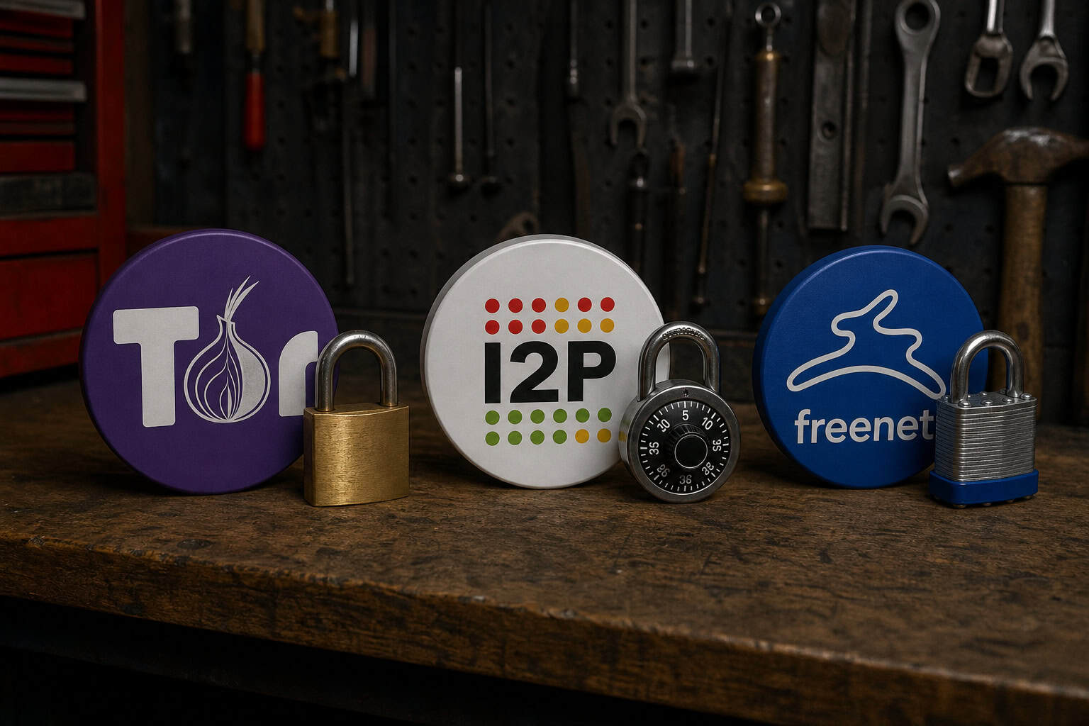 Three tools on a workbench: Tor browser, I2P router, and Freenet node icons next to different locks.