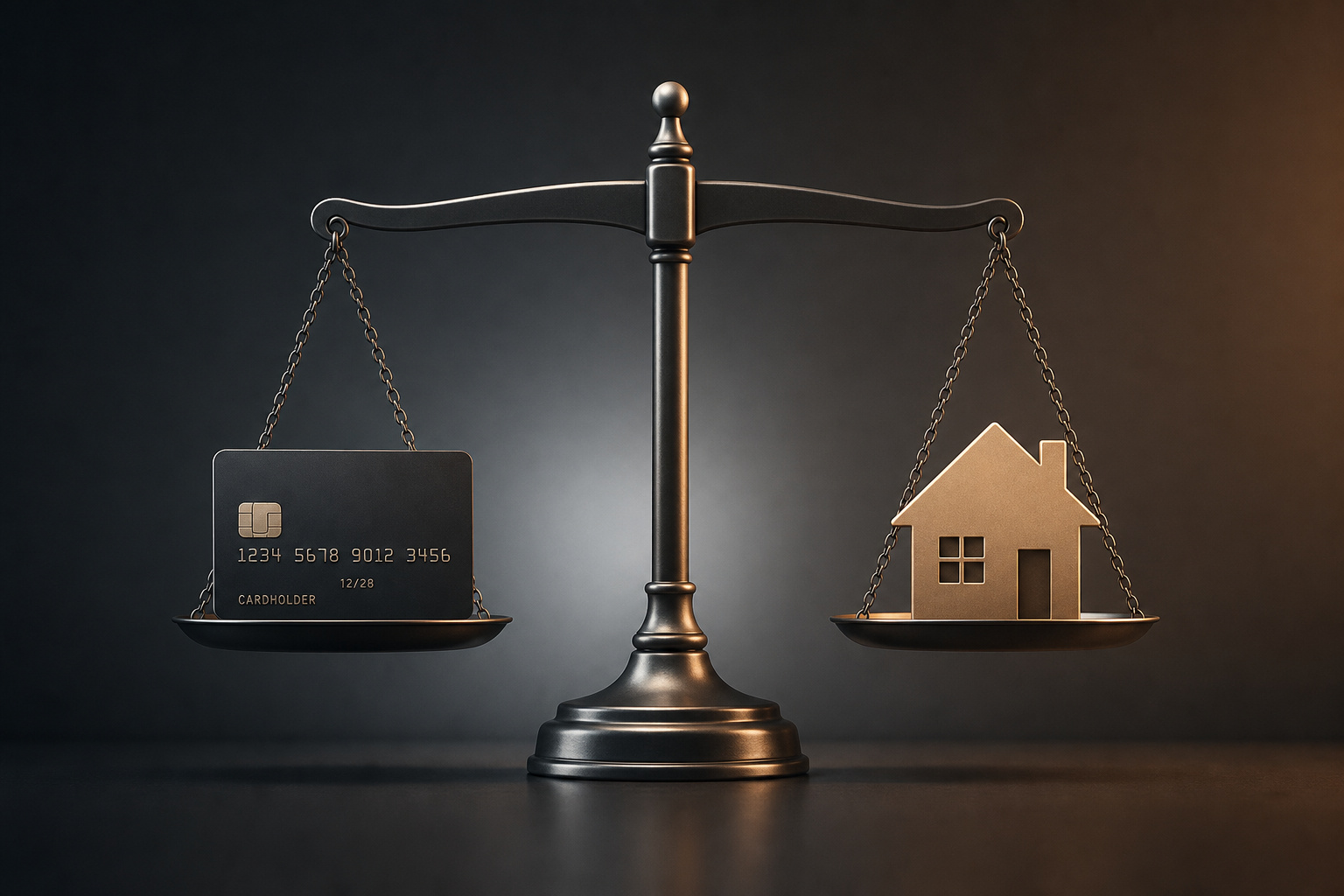 Budgeting for a Major Tech Upgrade: Strategy Over Splurge 8 A balance scale comparing a credit card and a house model, symbolizing financial decision-making, credit, and real estate investments.