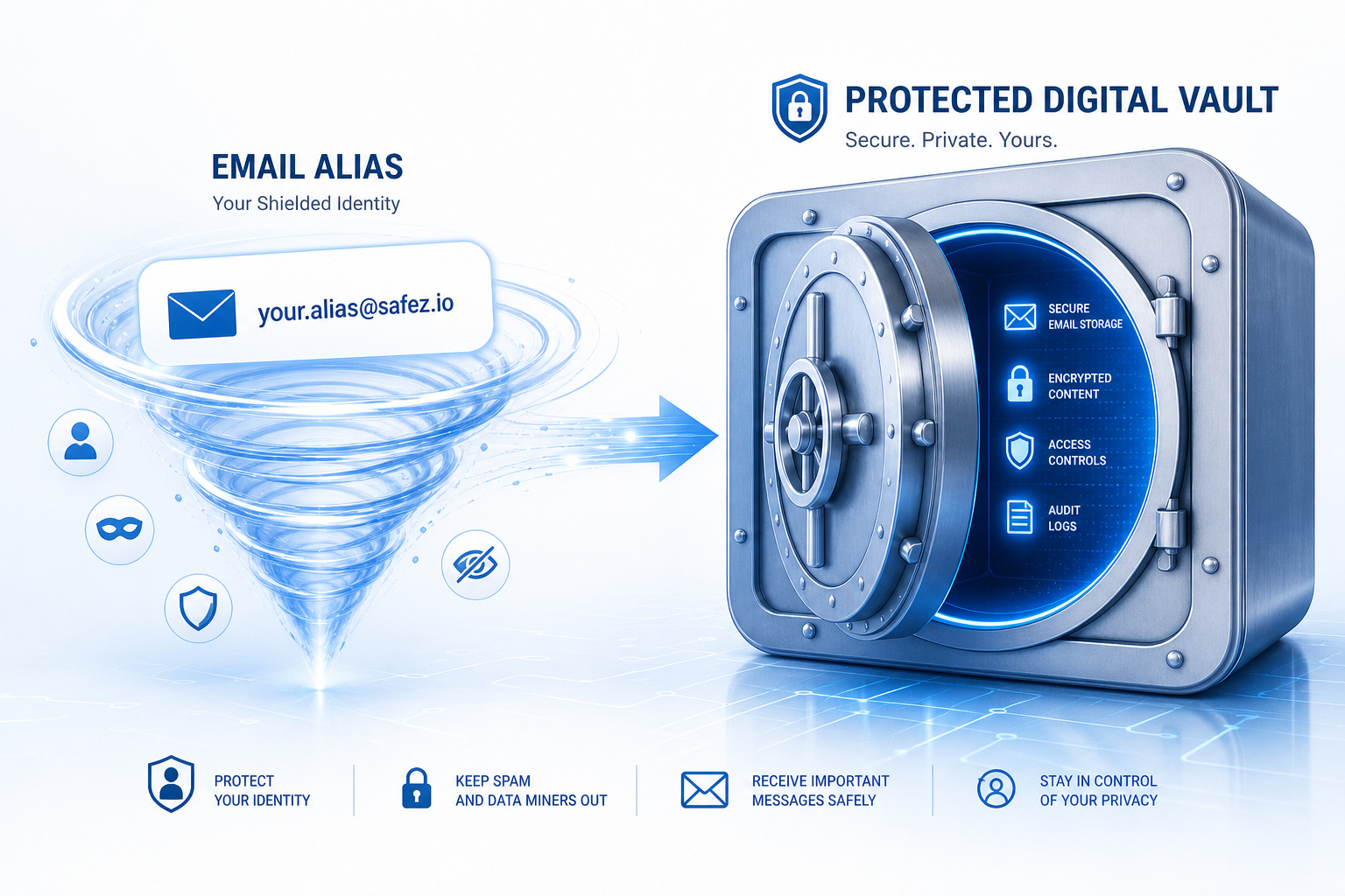 Digital vault image illustrating secure data storage with encryption, access controls, and audit logs for enhanced cybersecurity and data protection.