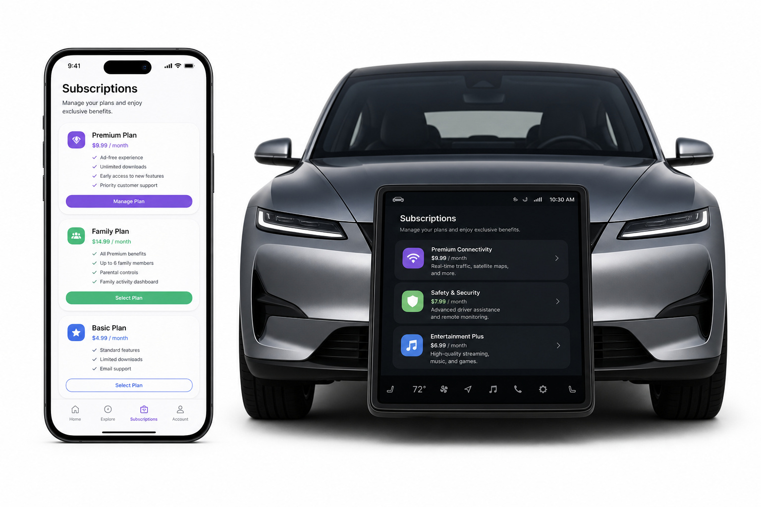 A sleek modern car with a digital dashboard display and a smartphone showing subscription management apps, highlighting advanced automotive technology.