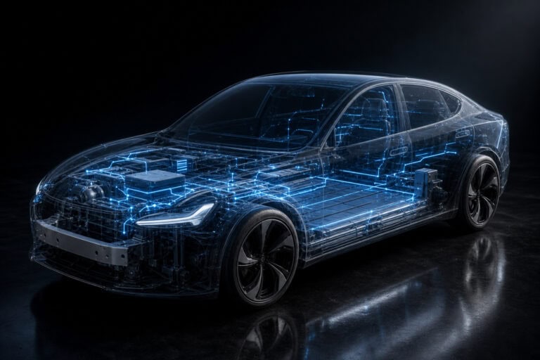 Futuristic electric car with digital blueprints and holographic interface, showcasing advanced automotive technology and innovation.