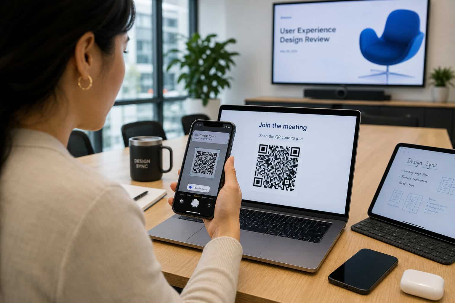 Send Large Files from iPhone: 7 Apps That Beat AirDrop for 4K Video 7 Person scanning a SpeedyShare QR code on a laptop with an iPhone in a conference room.