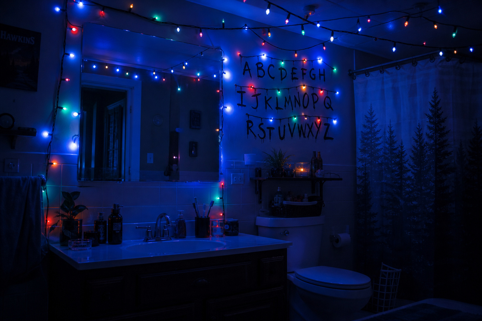 Bathroom with holiday string lights creating a Stranger Things upside-down atmosphere