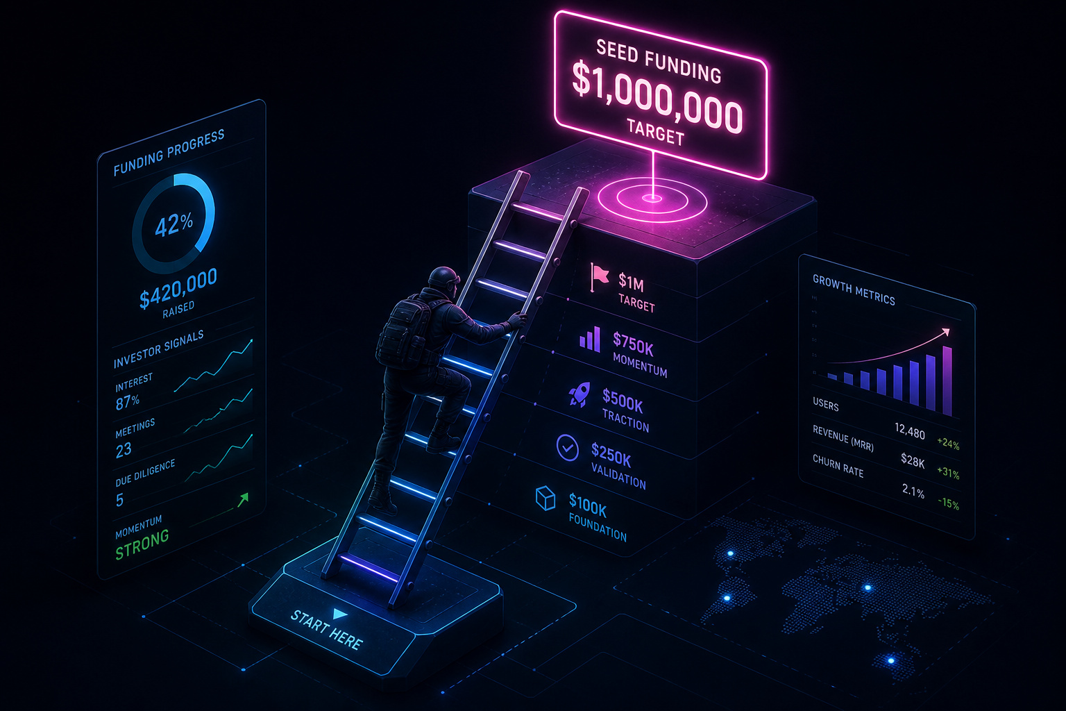 How to Start an App Development Business: 11-Step Risk-Mitigation Blueprint 10 A digital illustration of a person climbing a ladder towards a seed funding target of $1 million, surrounded by data charts and progress indicators.
