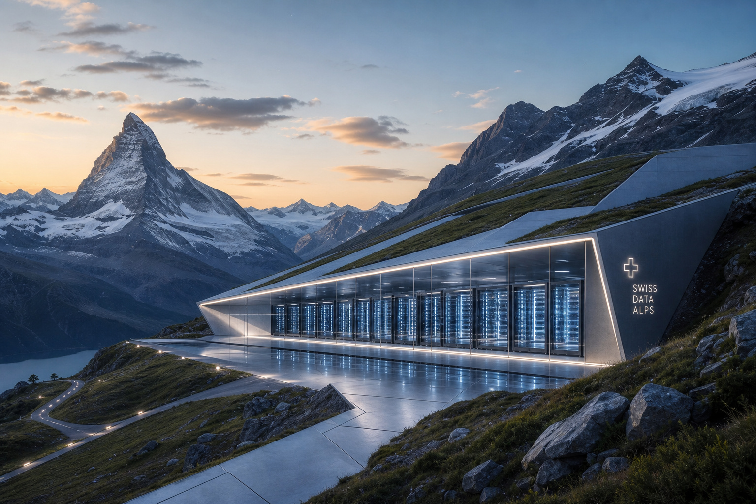 Modern mountain data center located in the Swiss Alps, featuring sleek architecture and advanced server infrastructure, set against stunning alpine mountain scenery at sunset.