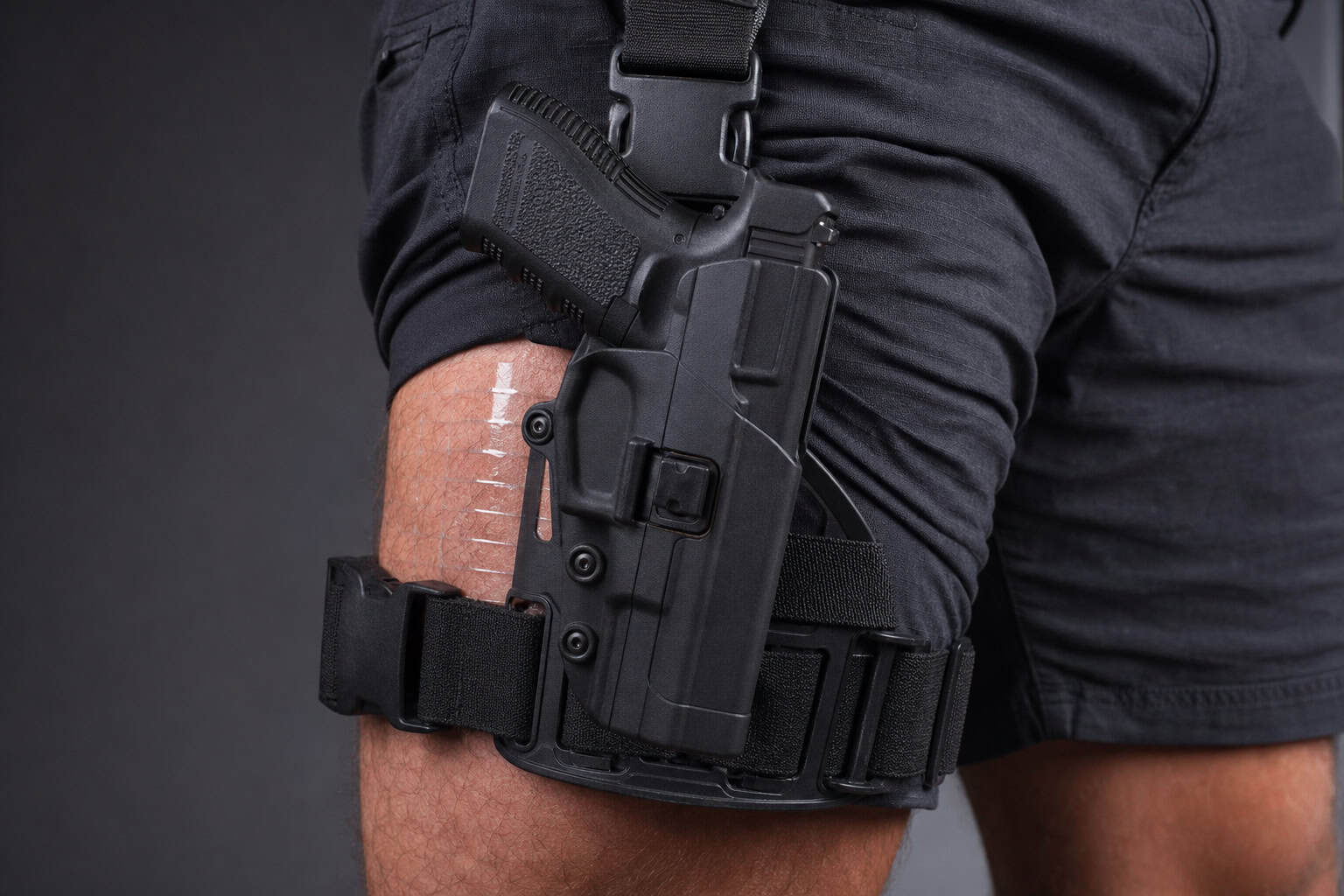 Hot Lara Croft Cosplay: 69+ Photos & DIY Build Guide 66 Tactical drop leg holster secured to a thigh with fashion tape to prevent sliding.