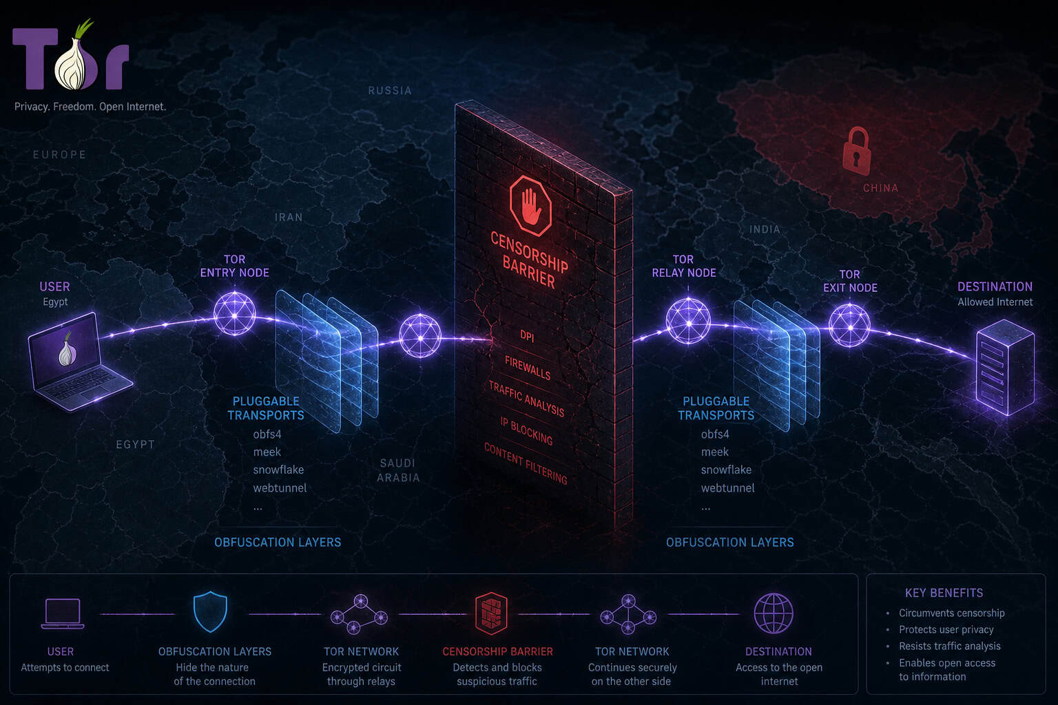 Visualization of Tor bridge network and pluggable transports bypassing a censorship barrier.